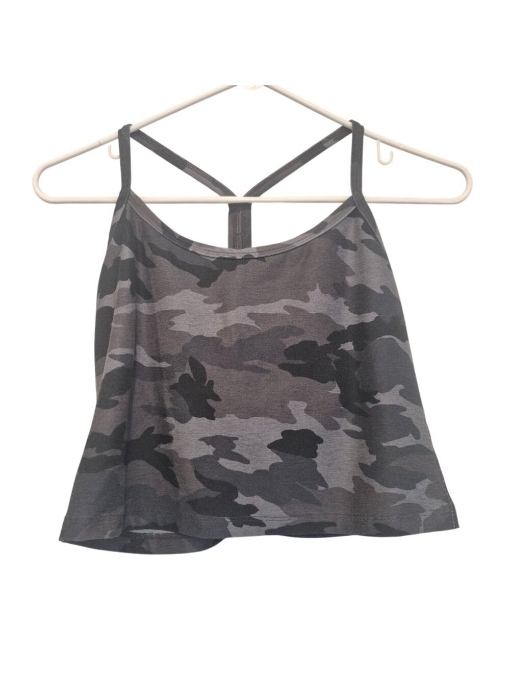 Beyond Yoga Tank Top Gray Camo Print Strappy Back Bra Crop Womens Large Gym